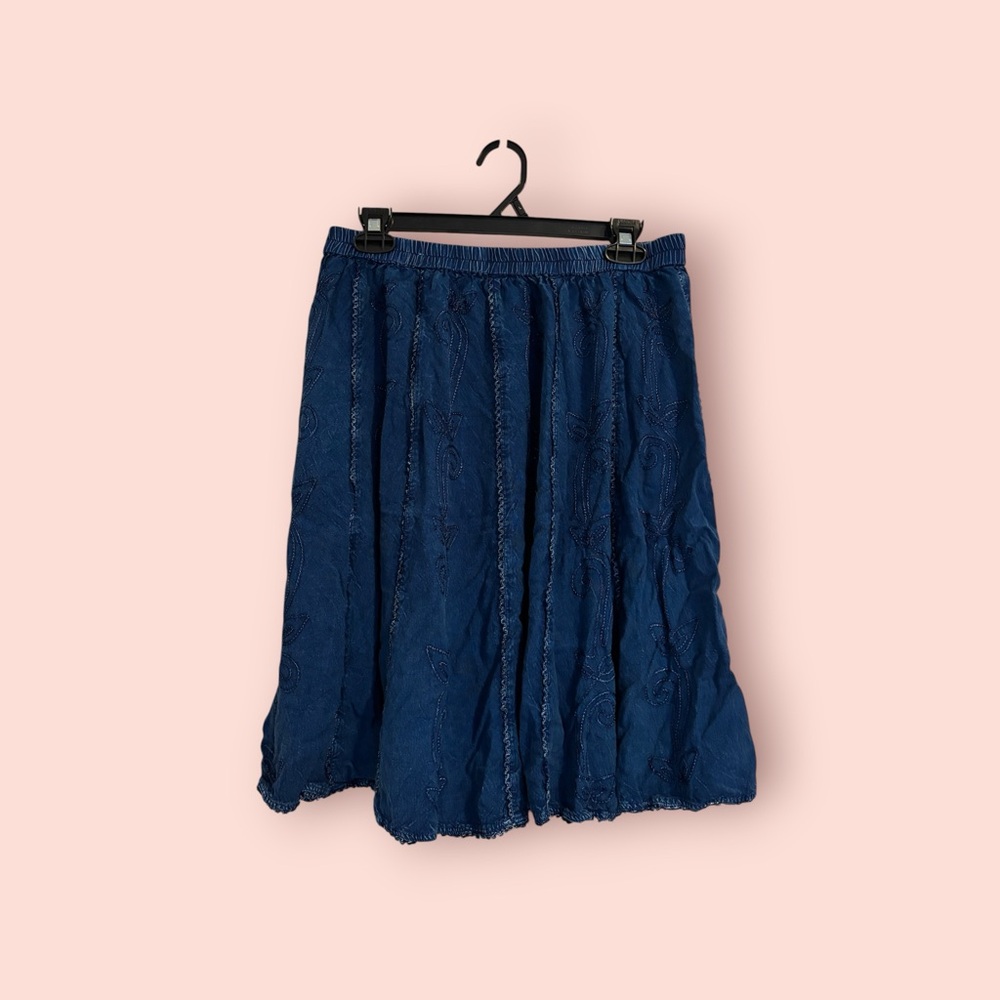 Women’s Flowy Embroidered Denim Midi Skirt | Boho High-Waisted Jean Skirt